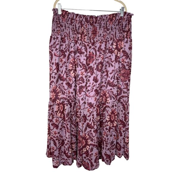 Anthropologie Smocked Waist Wide Leg Pants Purple Floral Boho Tiered Pull On XL - Picture 3 of 9